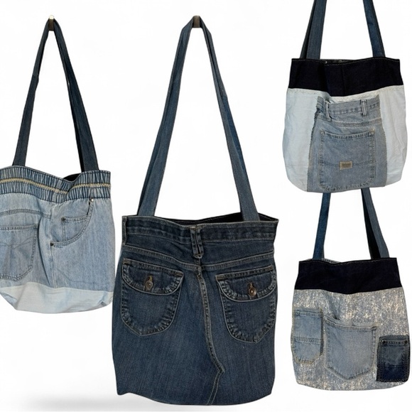 Upcycled Handmade Denim Large Jean Tote Bag - One of a Kind Bag Hippie Unique - Picture 1 of 12